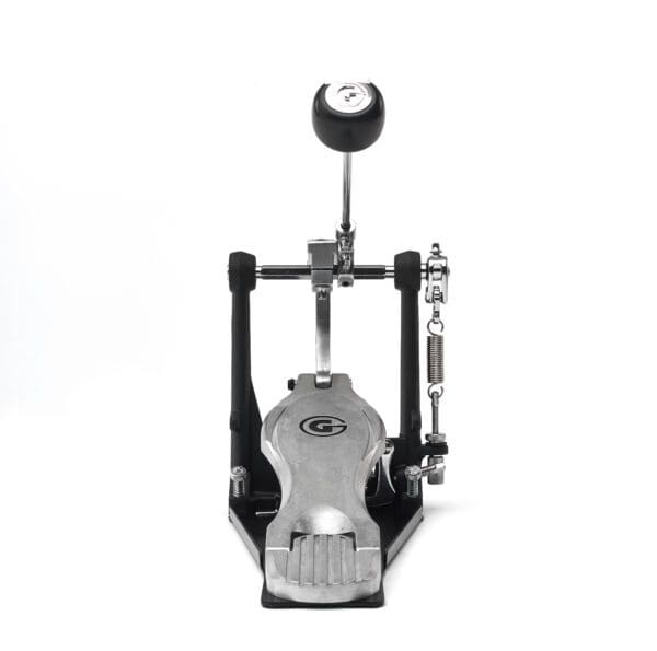 A metal drum pedal with a red knob.