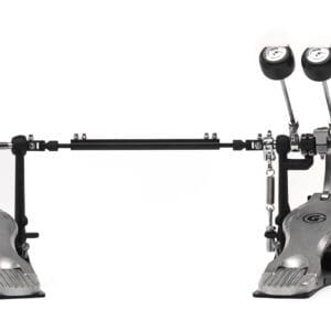 A metal drum pedal with a red knob.