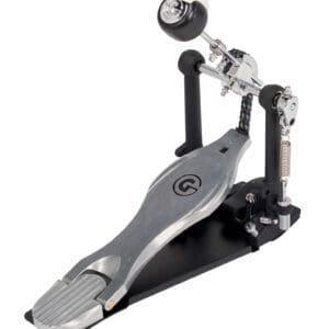 A metal drum pedal with a red knob.