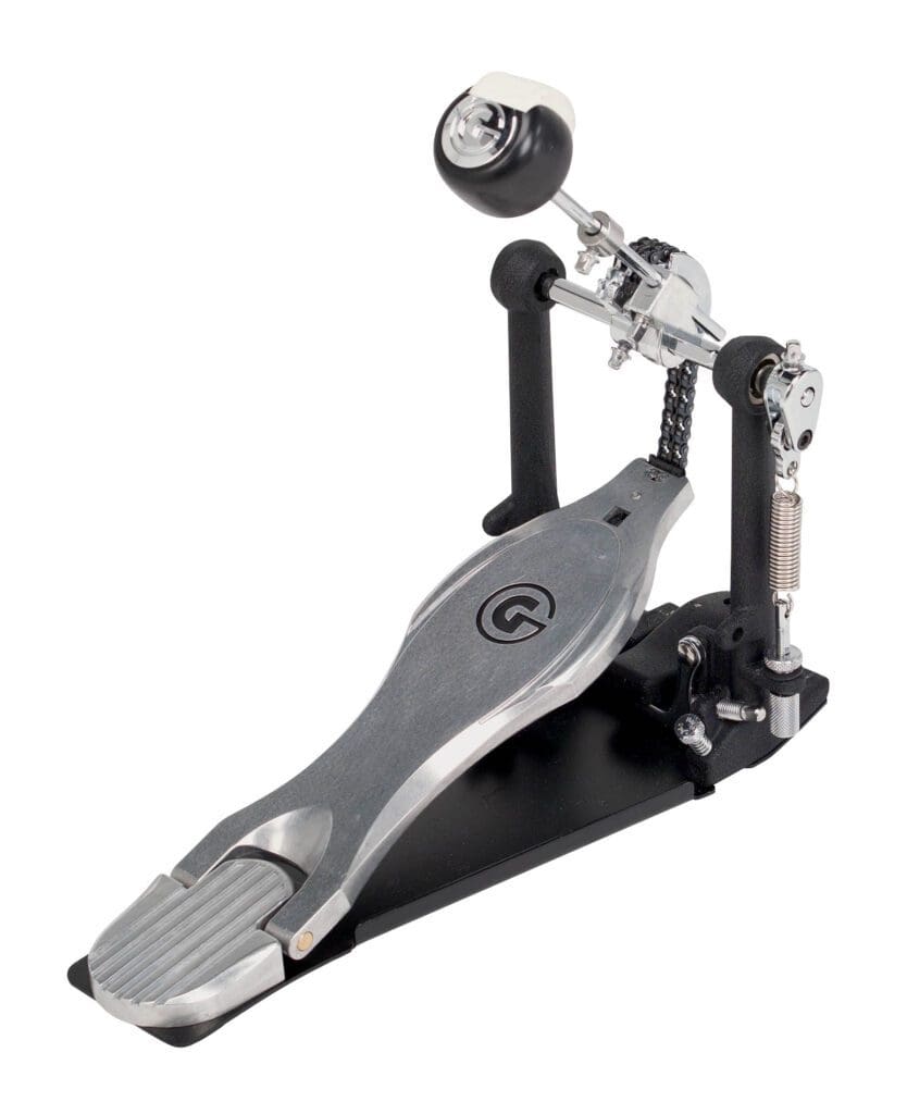 A metal drum pedal with a red knob.