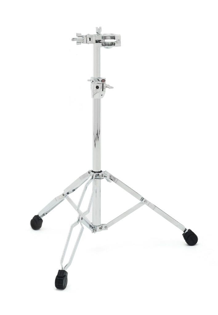 A black and chrome drum stand with a black handle.