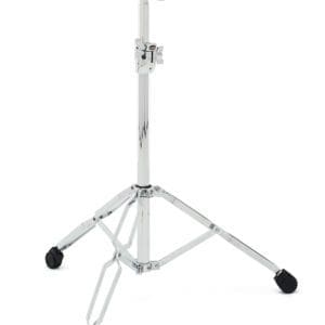 A black and chrome drum stand with a black handle.