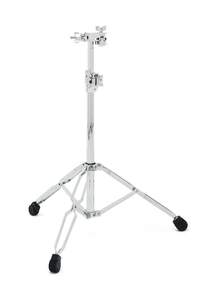 A black and chrome drum stand with a black handle.