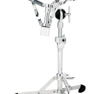 A black and chrome drum stand with a black handle.