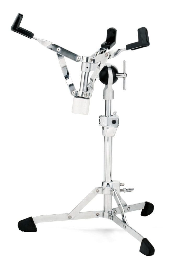 A black and chrome drum stand with a black handle.