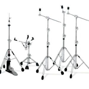 black and chrome drum stands with a handle.