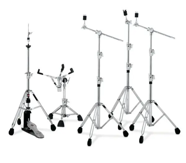 black and chrome drum stands with a handle.