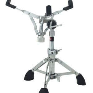 A black and chrome drum stand with a black handle.