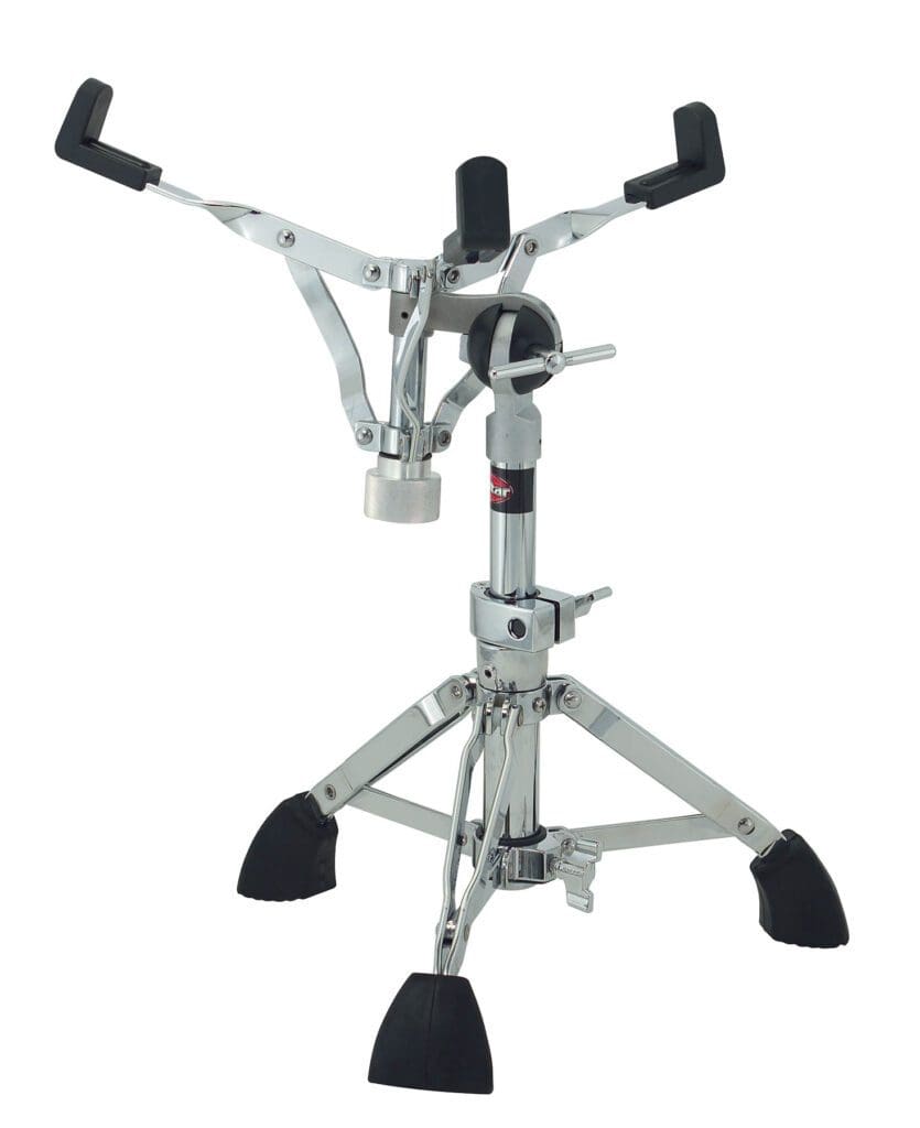 A black and chrome drum stand with a black handle.