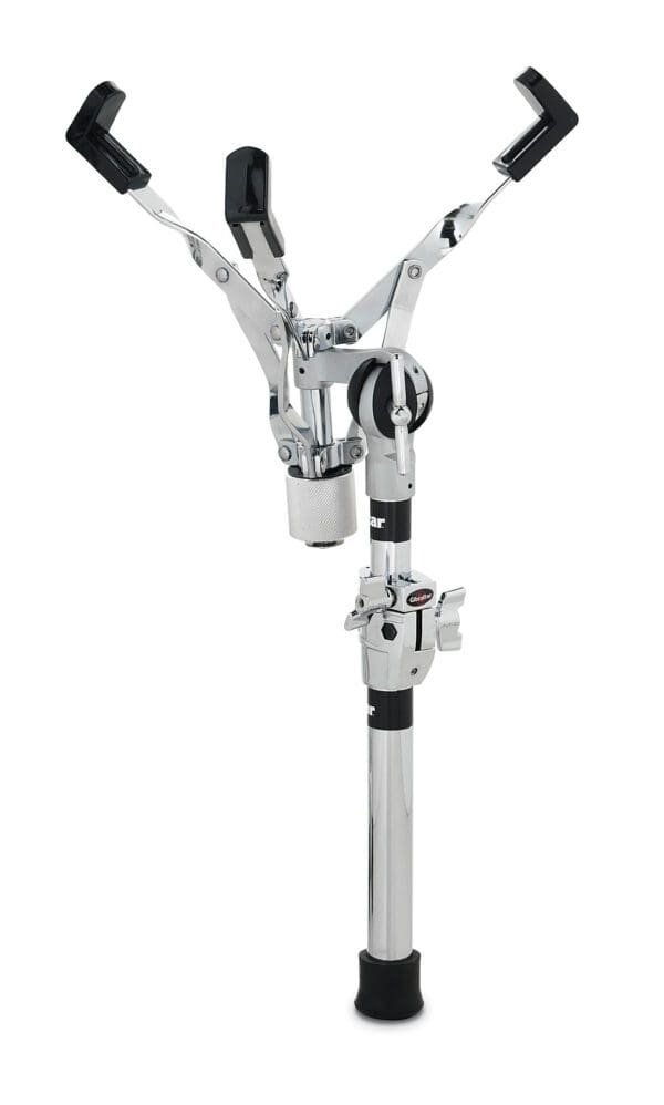 A black and chrome drum stand with a black handle.