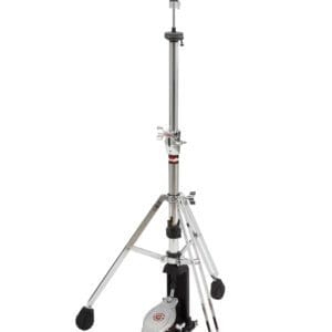 A black and chrome drum stand with a black handle.