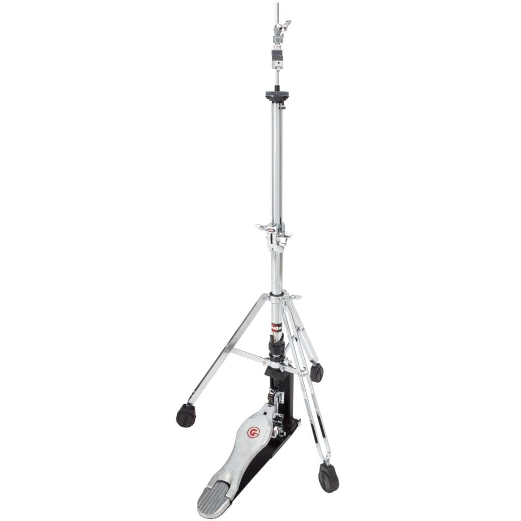 A black and chrome drum stand with a black handle.