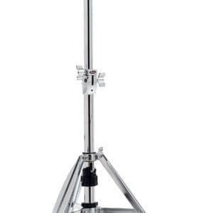 A black and chrome drum stand with a black handle.