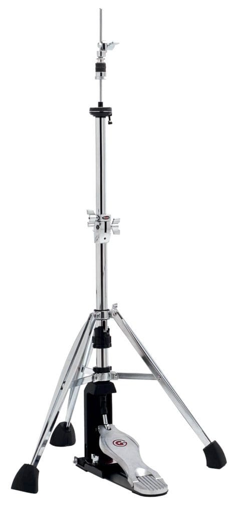 A black and chrome drum stand with a black handle.