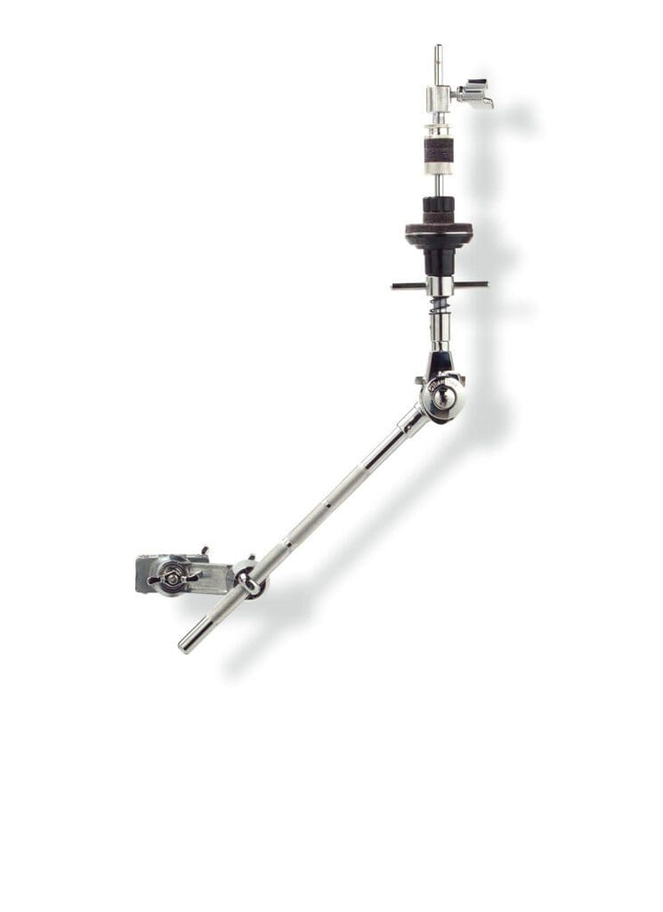 A black and chrome drum arm on a white background