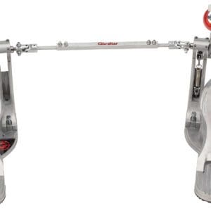 A metal drum pedal with a red knob.