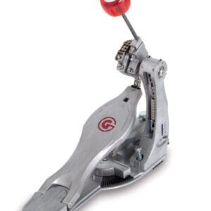 A metal drum pedal with a red knob.