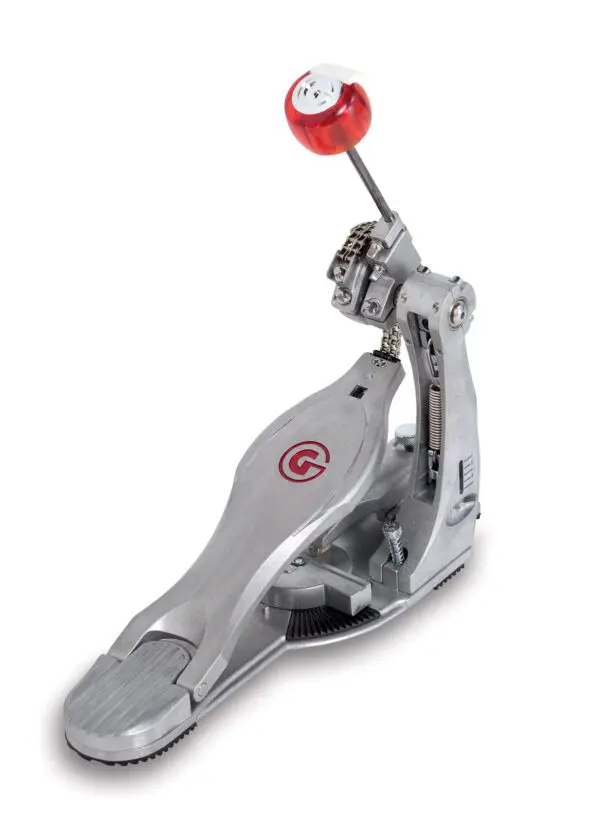 A metal drum pedal with a red knob.