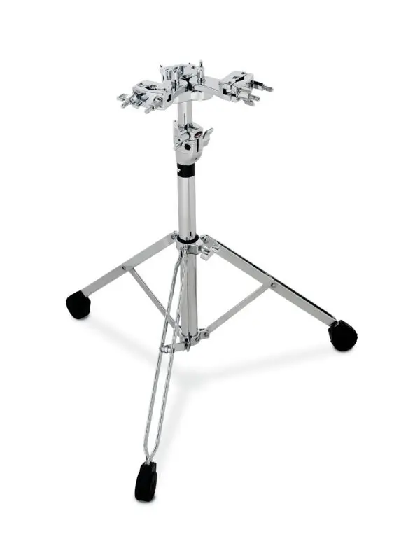 A black and chrome drum stand with a black handle.