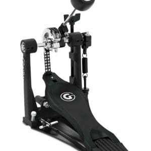 A metal drum pedal with a red knob.