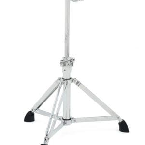 A black and chrome drum stand with a black handle.