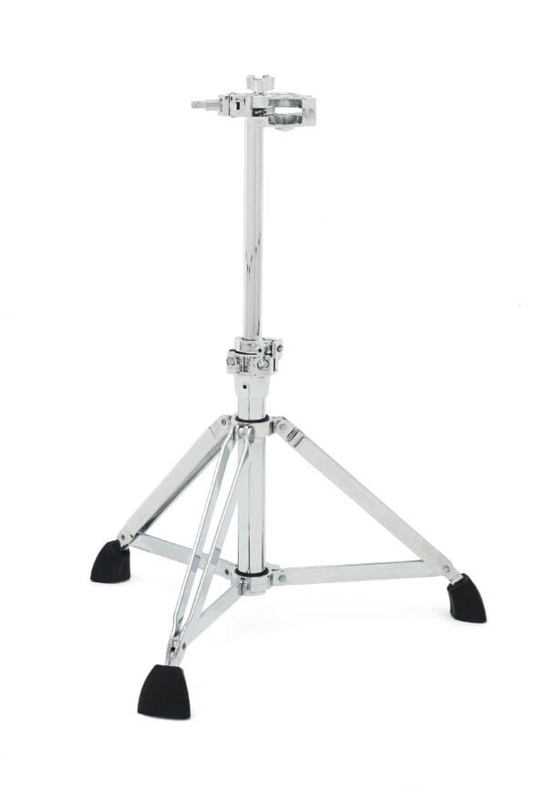 A black and chrome drum stand with a black handle.