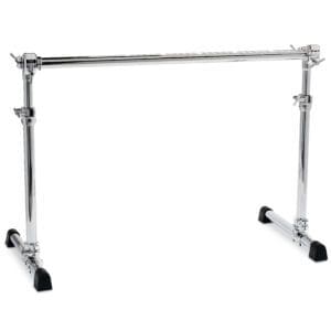 A chrome drum stand on a white background.