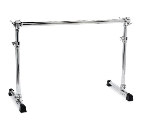 A chrome drum stand on a white background.