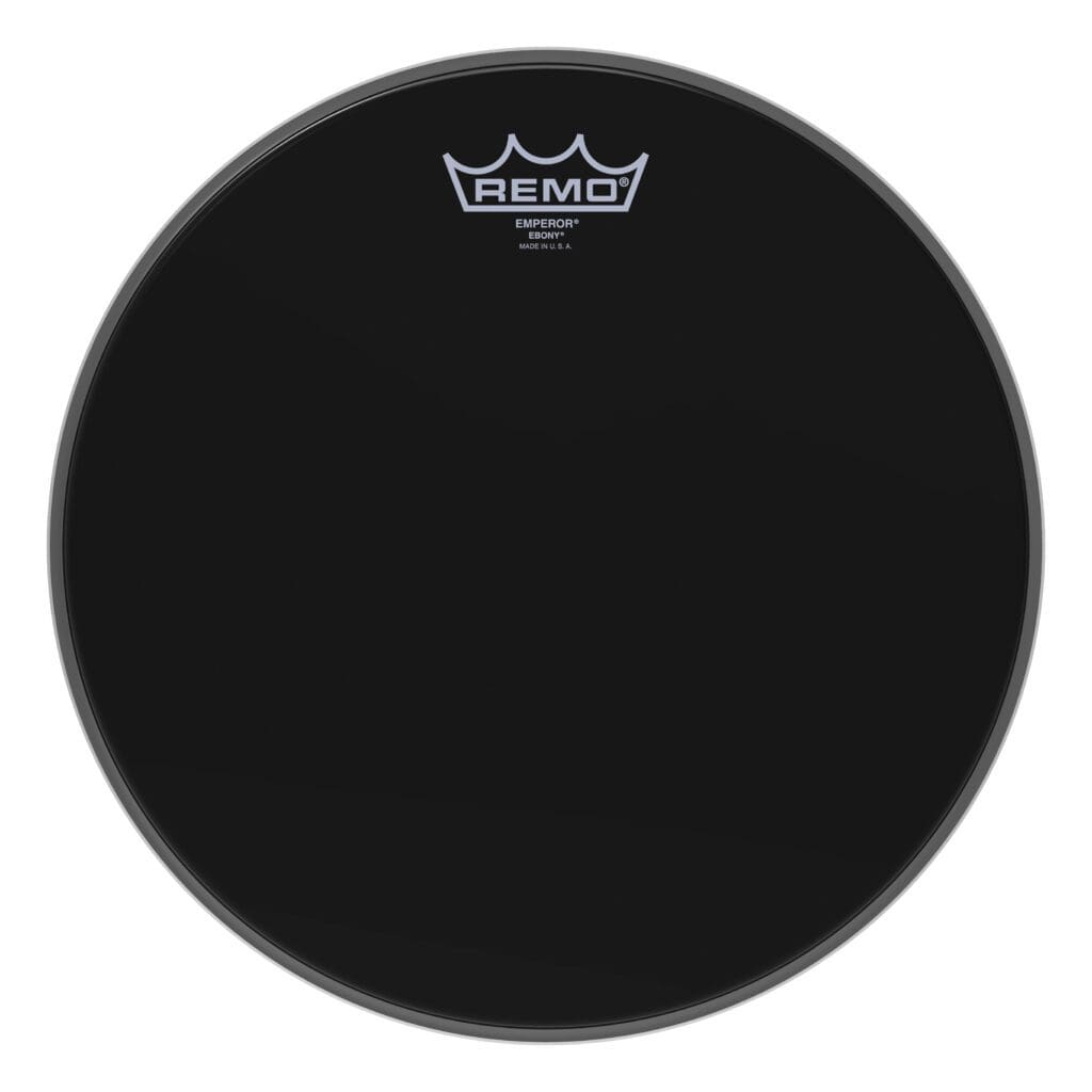 A black drum head with the remo logo on it.