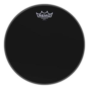 A black drum head with the remo logo on it.