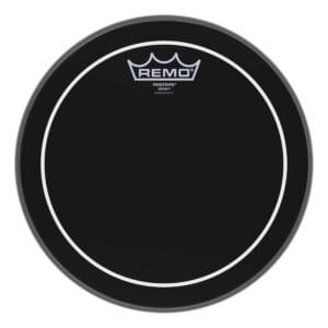 A black drum head with a white logo.