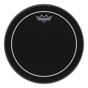 A black drum head with a white logo.