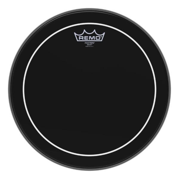 A black drum head with a white logo.