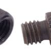 A black screw and nut on a white background.
