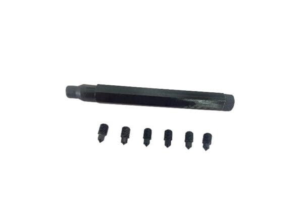 A black plastic tube with screws on a white background.