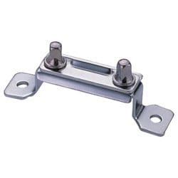 A metal bracket with two holes on it.