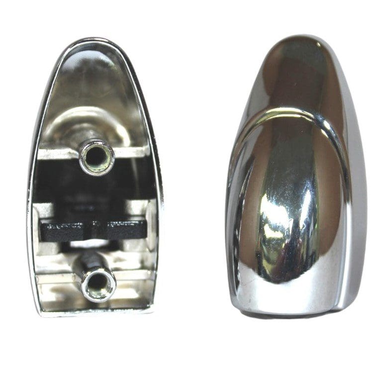 A pair of chrome door handles on a white background.