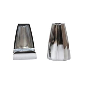 A pair of chrome candle holders on a white background.