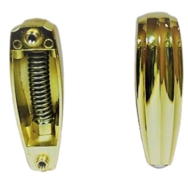 A pair of brass door latches on a white background.