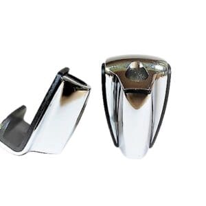 A pair of chrome door handles on a white background.