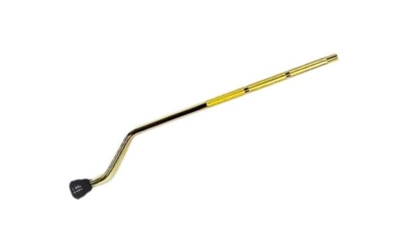 A yellow handle with a black handle on a white background.