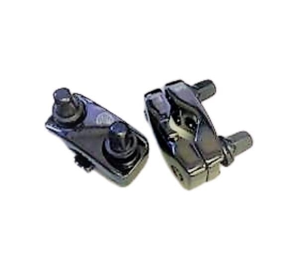 A pair of black brake clamps on a white background.