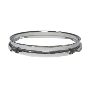 A stainless steel ring on a white background.