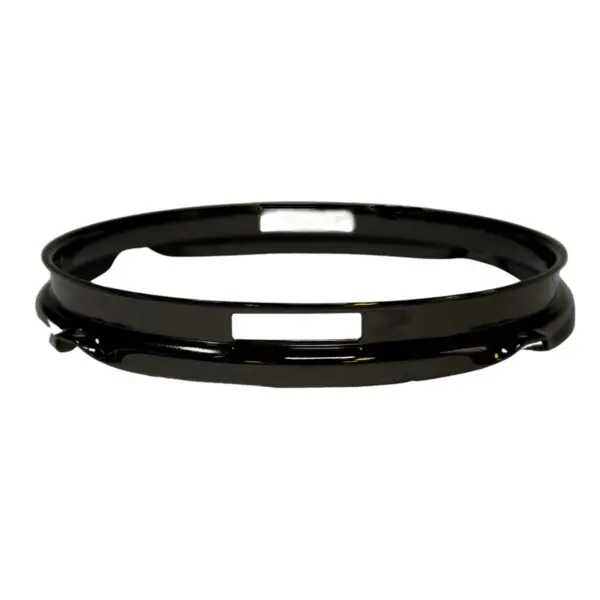 A black plastic ring on a white background.