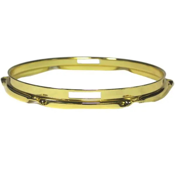 A gold plated bangle on a white background.