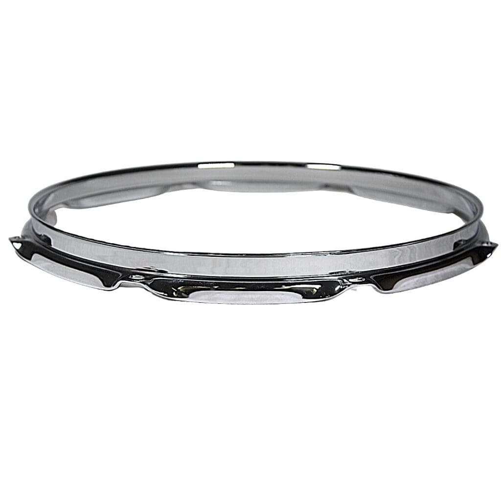 A chrome drum ring on a white background.