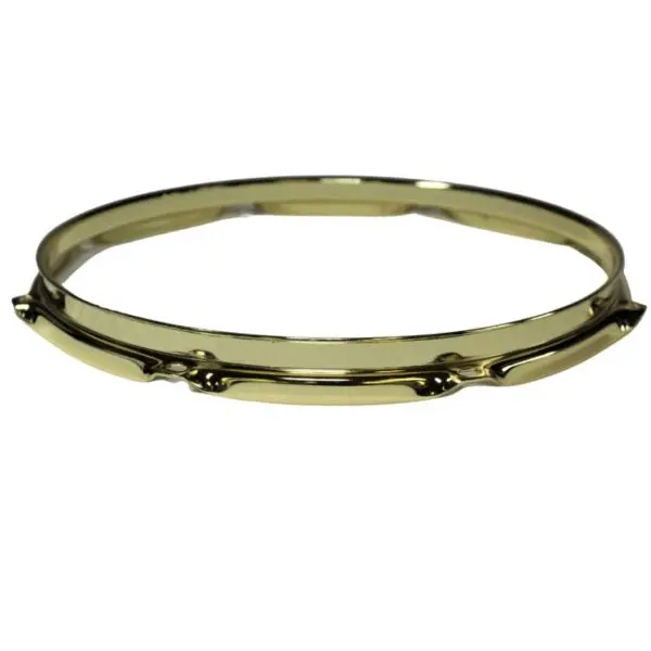 A gold plated bangle bracelet on a white background.