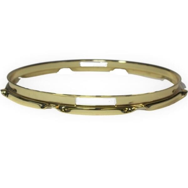 A gold plated hoop ring on a white background.