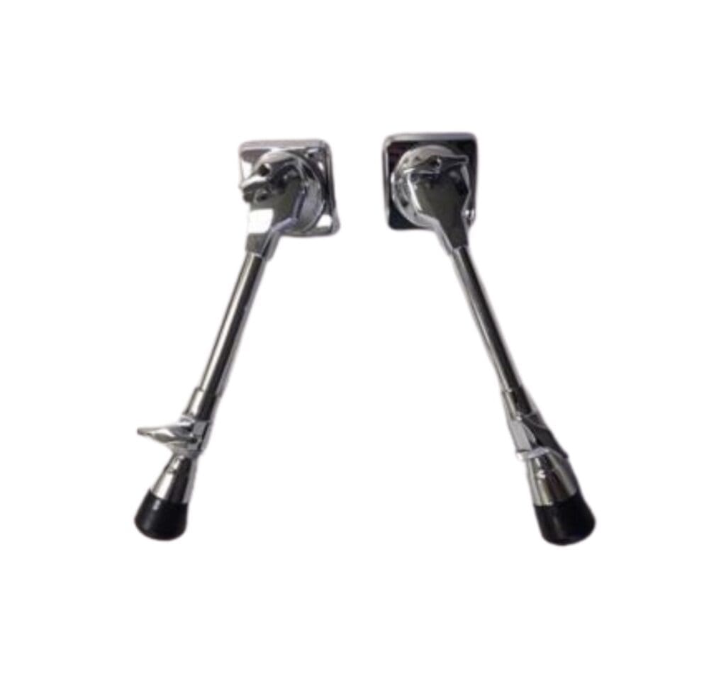 A pair of chrome levers on a white background.