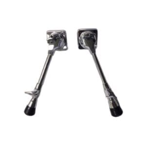 A pair of chrome levers on a white background.